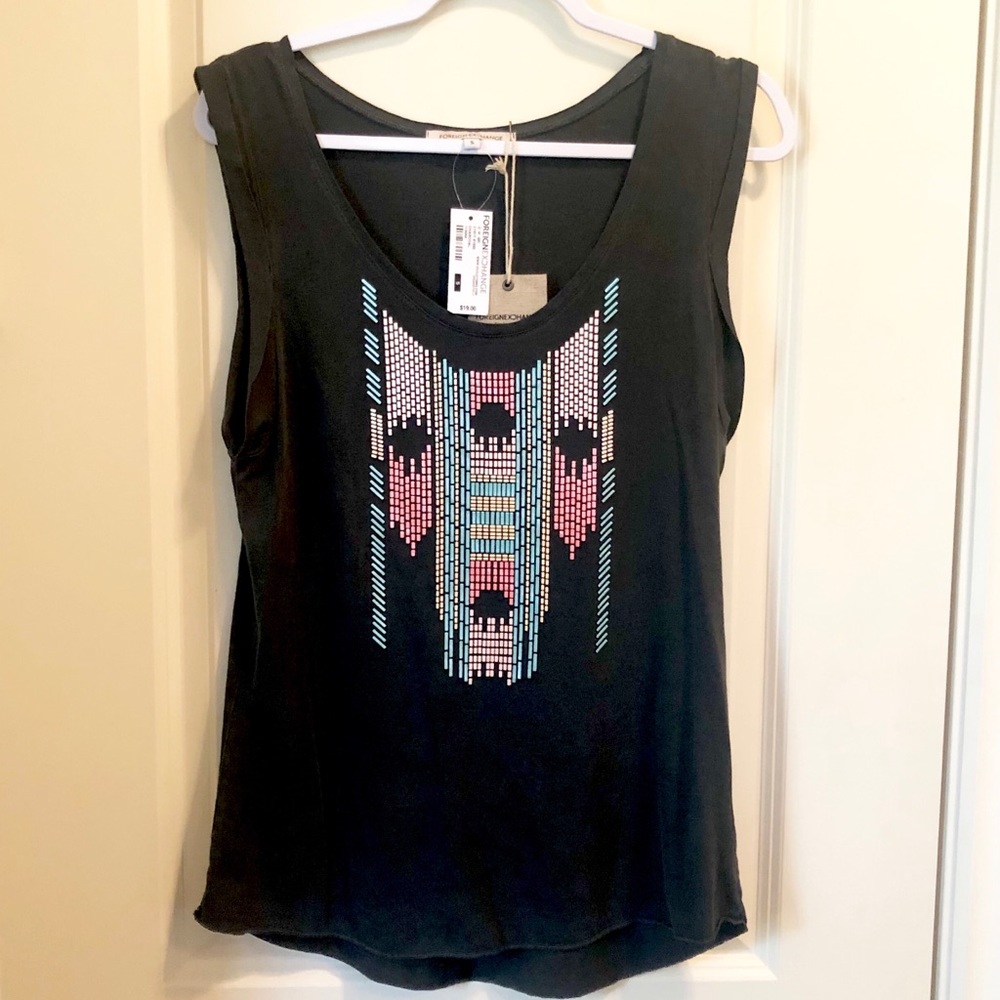 NWT Foreign Exchange Gray Aztec Southwestern Boho Tribal Print Tank Top Small S